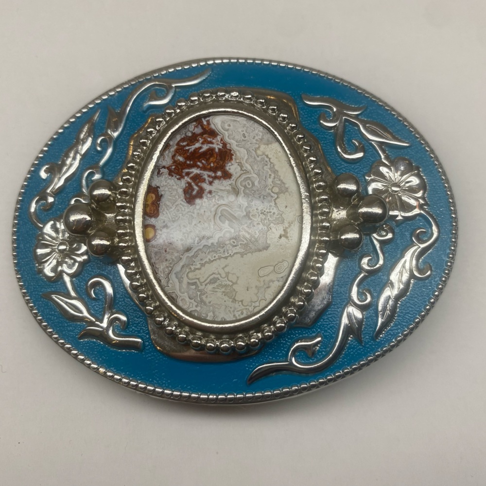 Silver Tone Turqoise &  Enamel Oval Belt Buckle With Large Center Stone